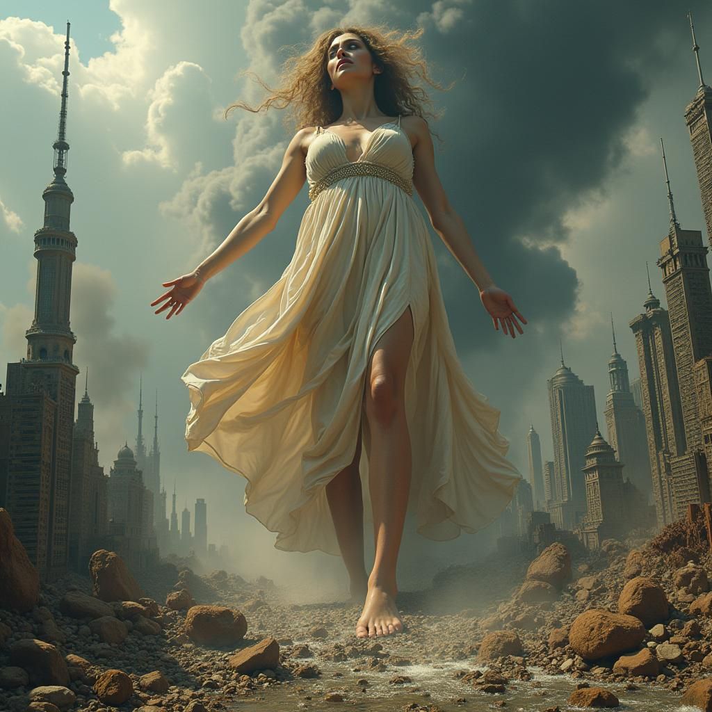 Giant Woman Crushes City: Surreal Disaster Scene