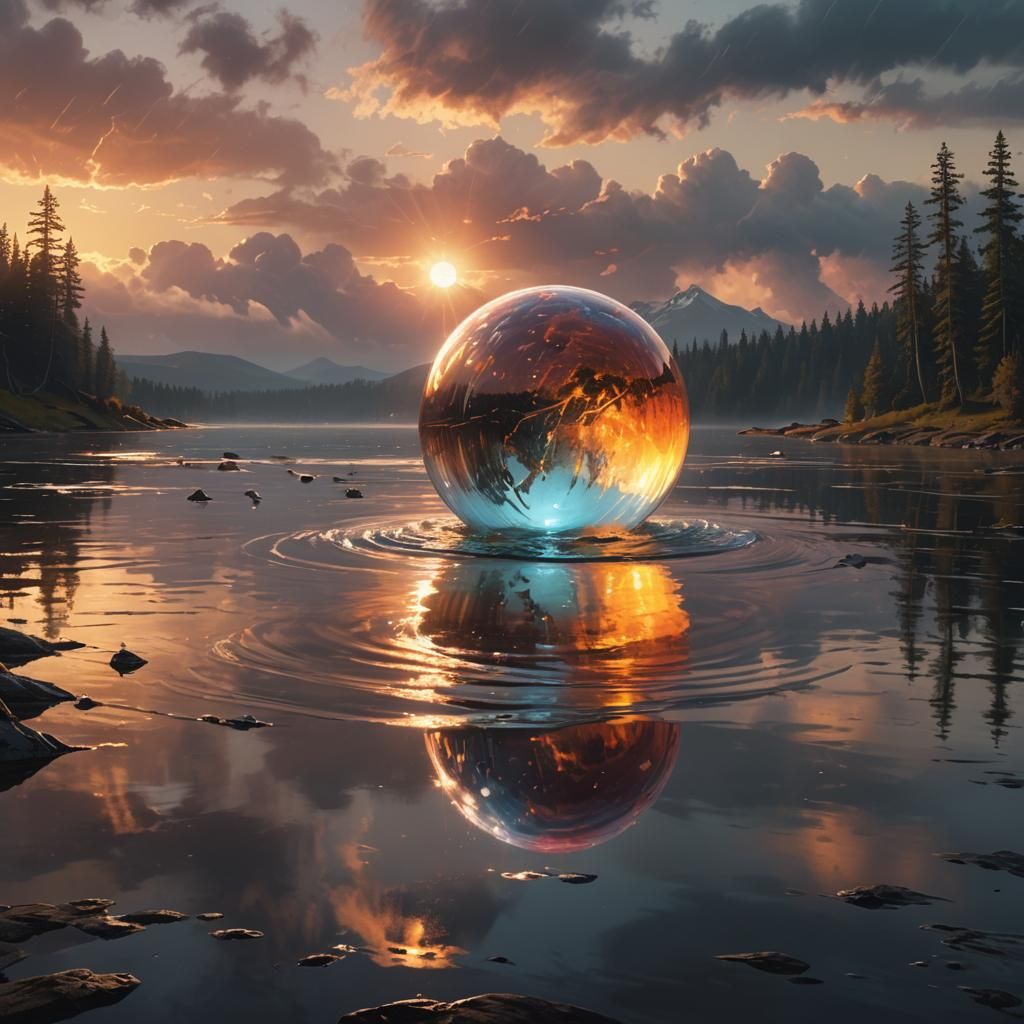 Glowing Orb Above Stormy Lake: Digital Art