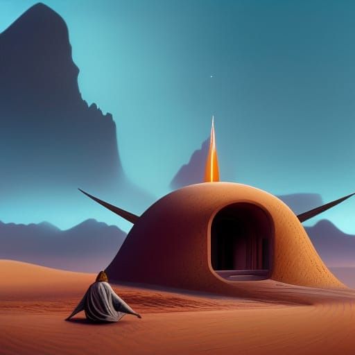 Futuristic Desert Landscape with Wind Instruments