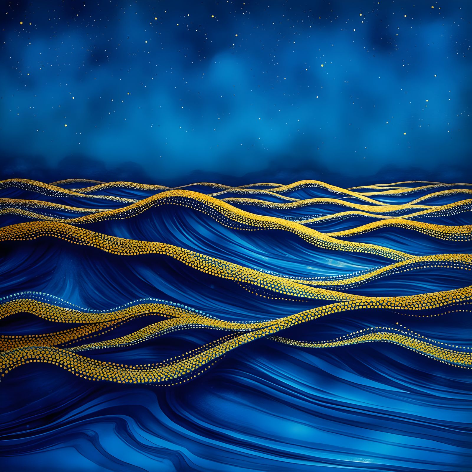 Golden Waterscape in Pointillism Style