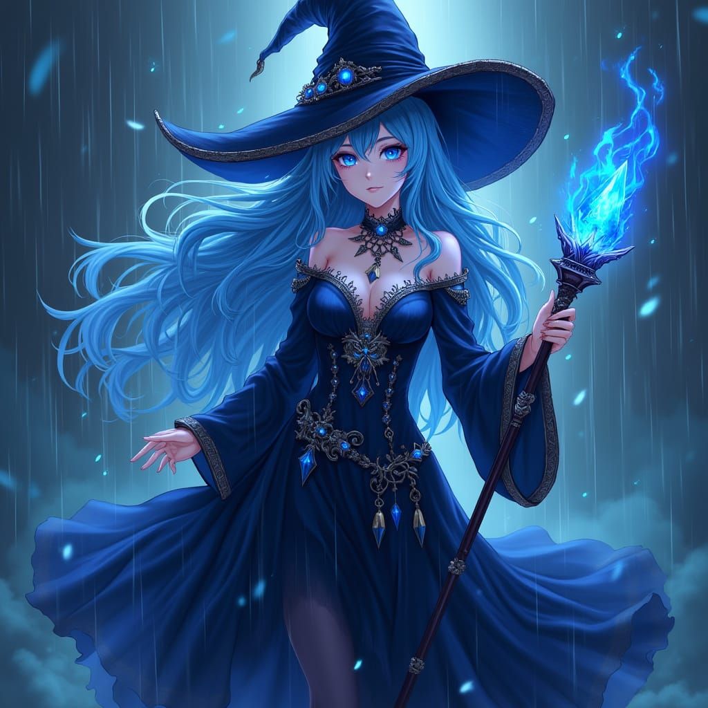 Mystical Sorceress with Glowing Staff in Anime Style