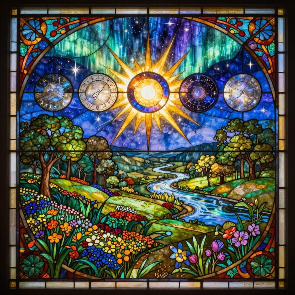 Stained Glass Valley Scene with Eclipsed Sun