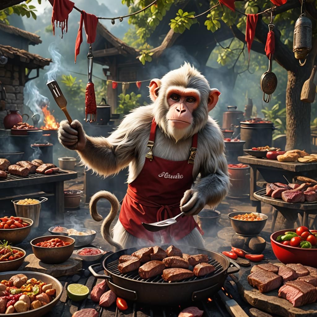White Monkey BBQ in Detailed Matte Painting Style