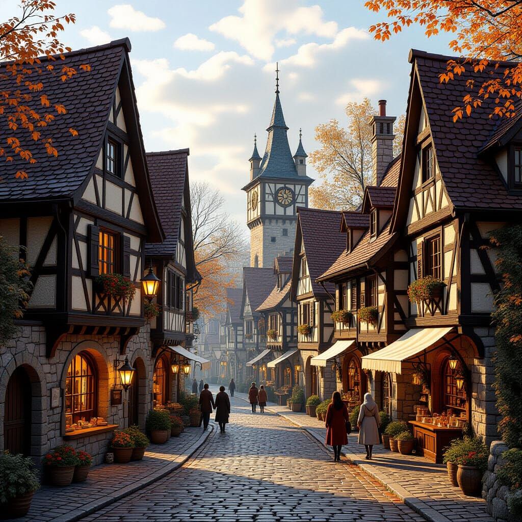 Photorealistic Medieval Village Autumn Scene