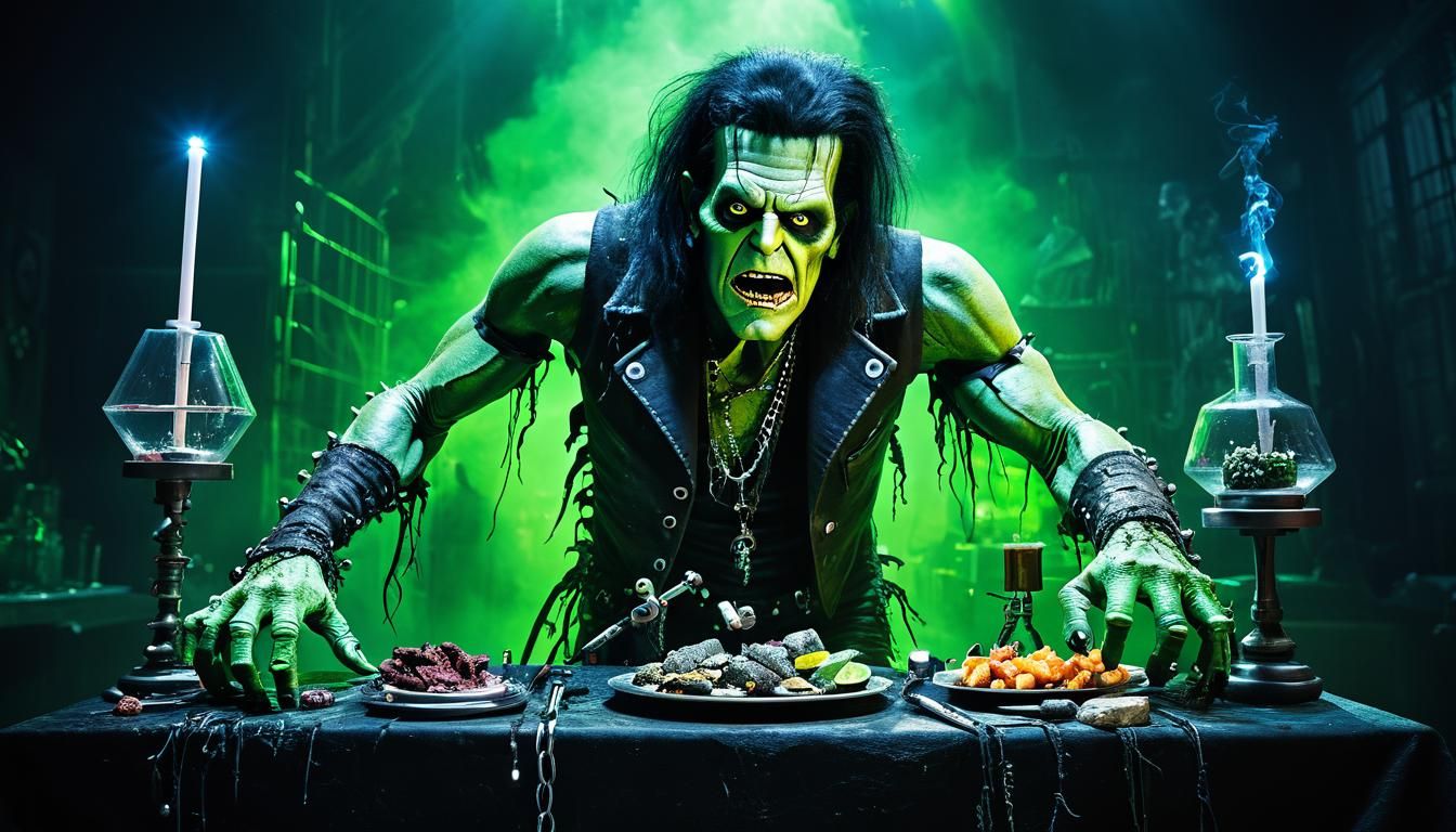 Electrifying scene inspired by the song "Feed My Frankenstein" by Alice Cooper