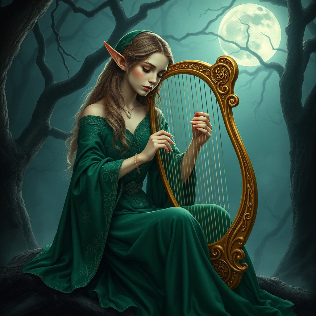 Elf Maiden Playing Harp in Pre-Raphaelite Style