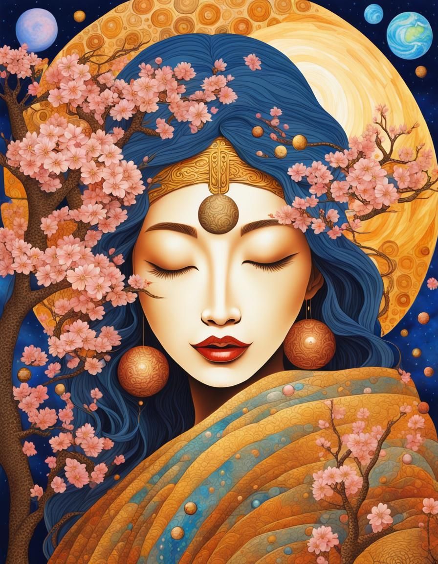 Japanese Earth Mother with Cherry Blossoms in Acrylic Art