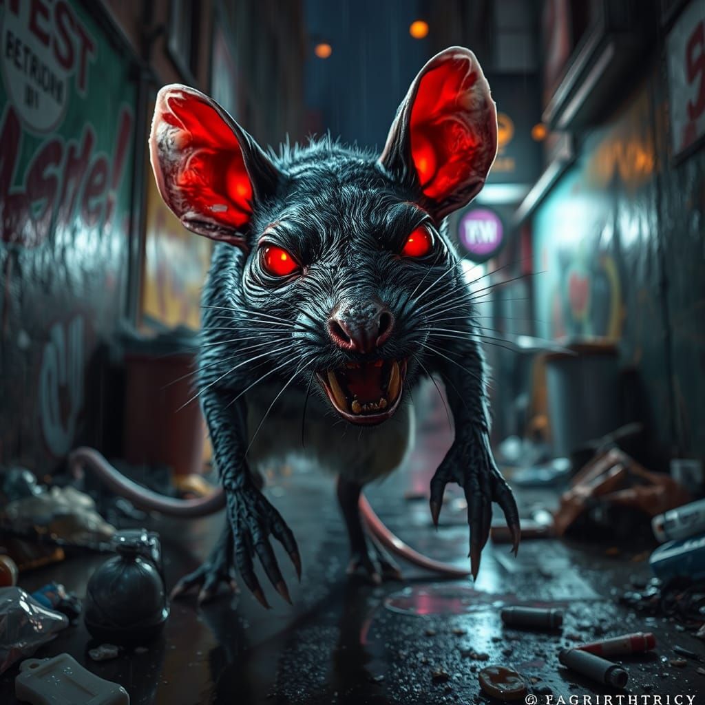 Aggressive Zombie Rat in Rainy Alleyway