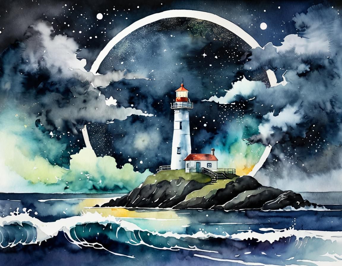 Lighthouse Under Cosmic Sky Watercolor Painting