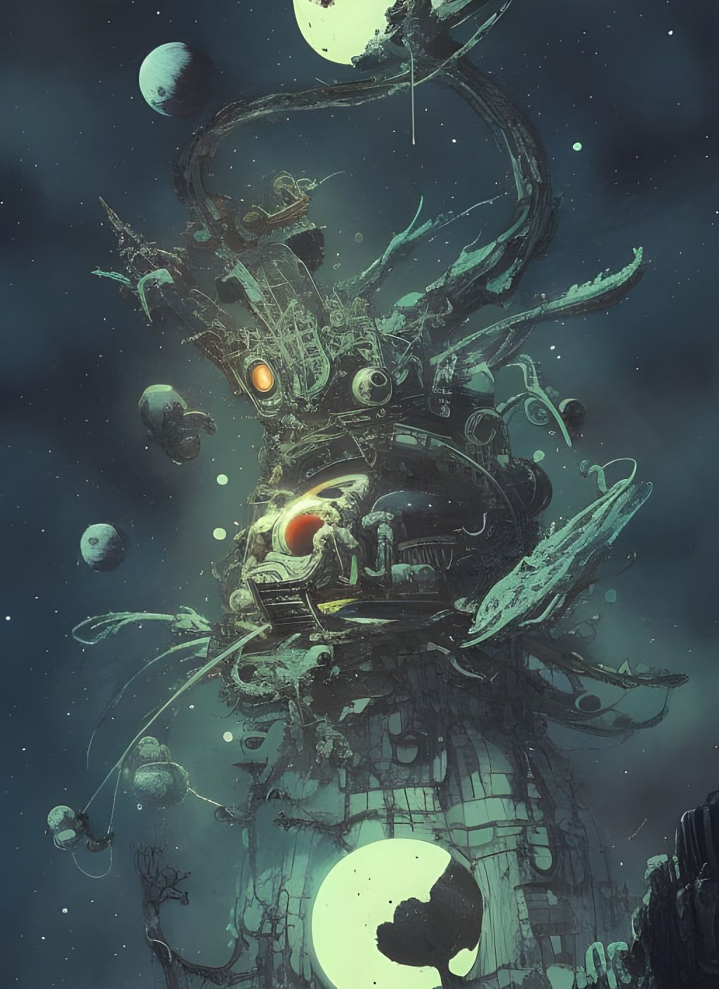 Surreal Alien Skull Drifting in Dark Space