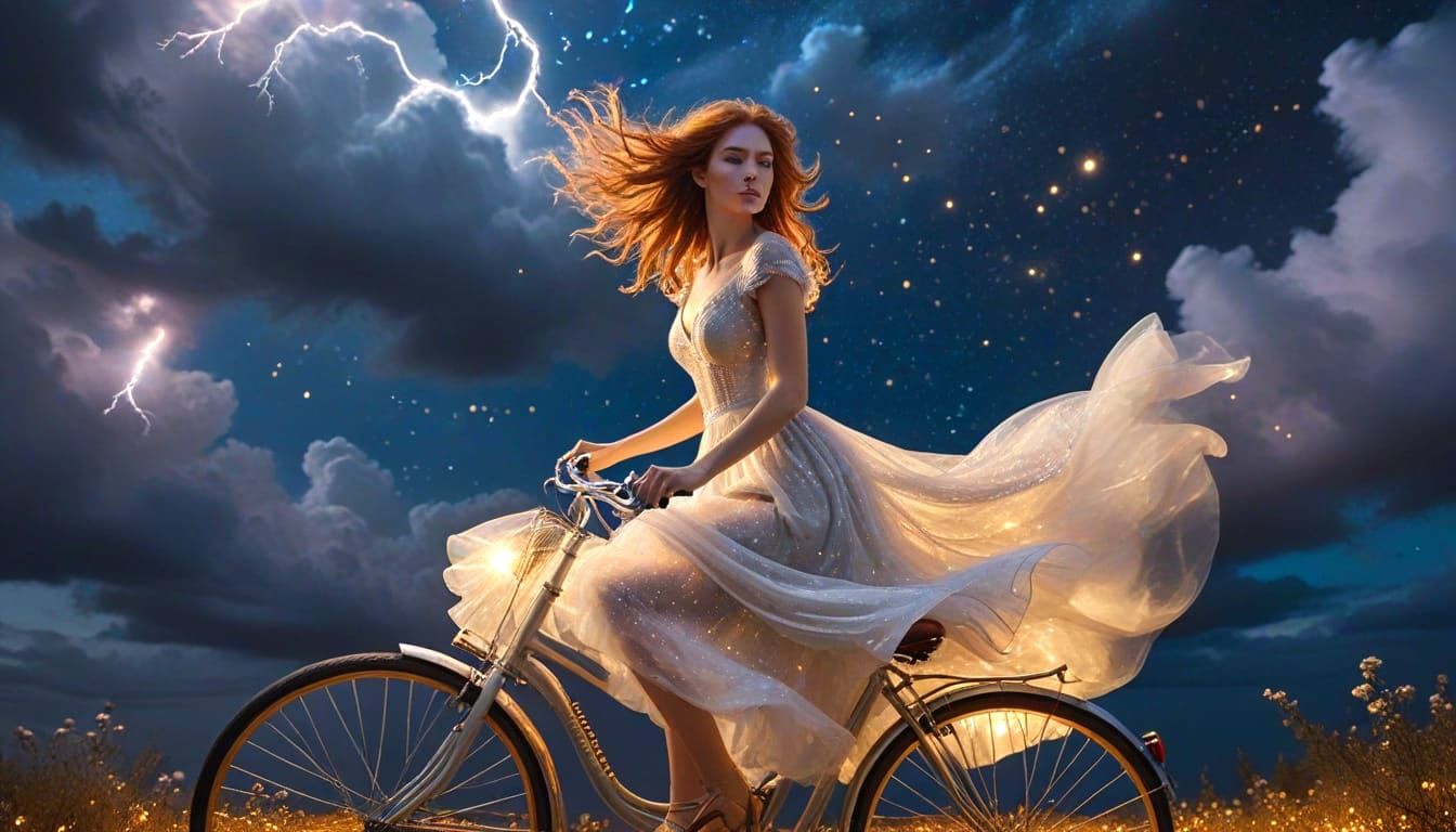 Woman Rides Glowing Bicycle Through Starry Night Sky