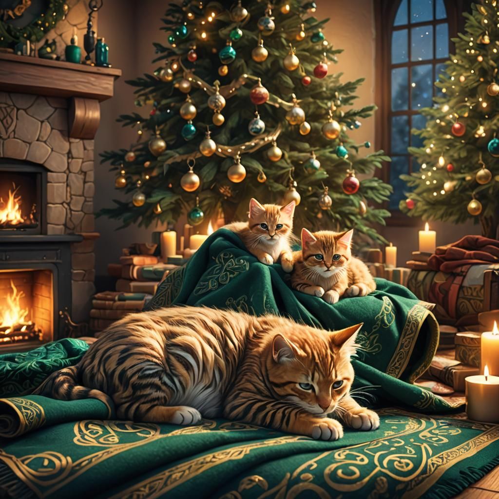 Kittens Snug Under Celtic Blanket, Art Nouveau Style