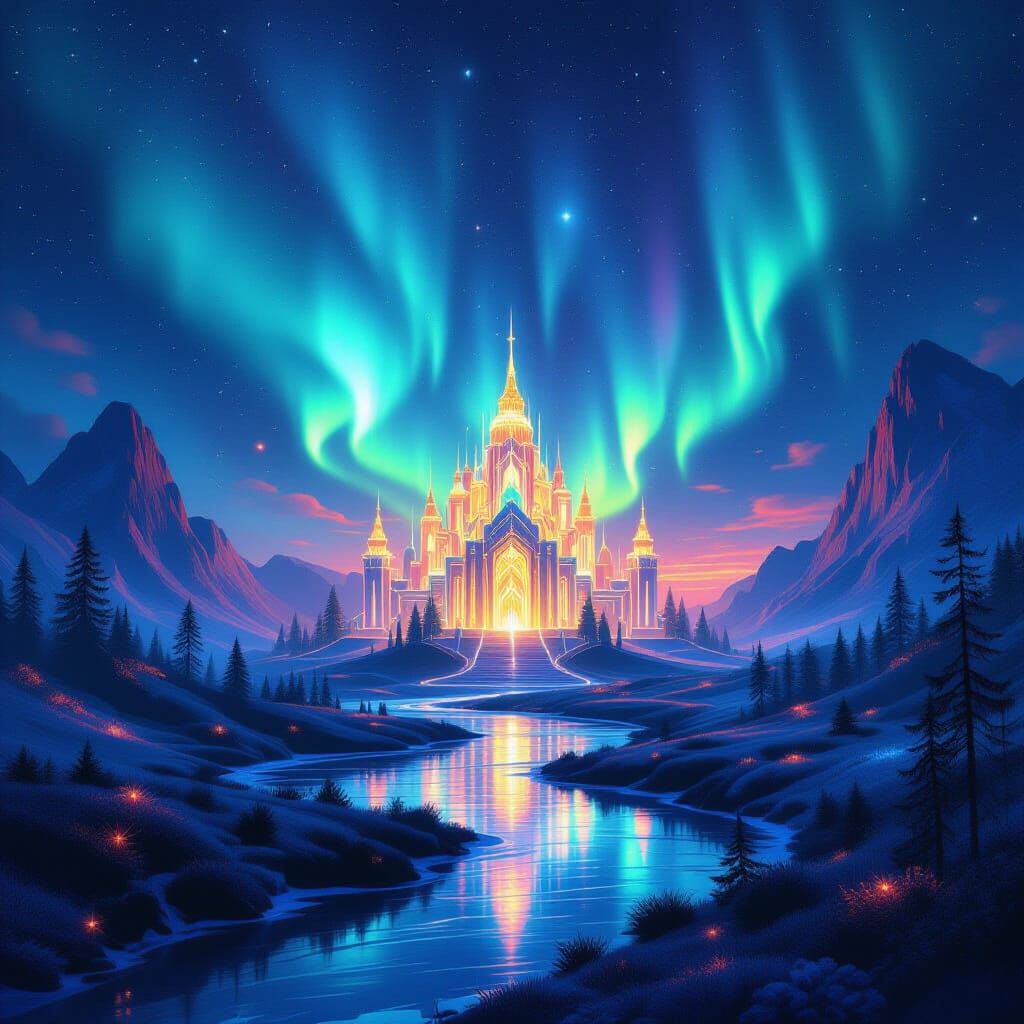 Otherworldly Landscape with Glowing Palace Under Aurora