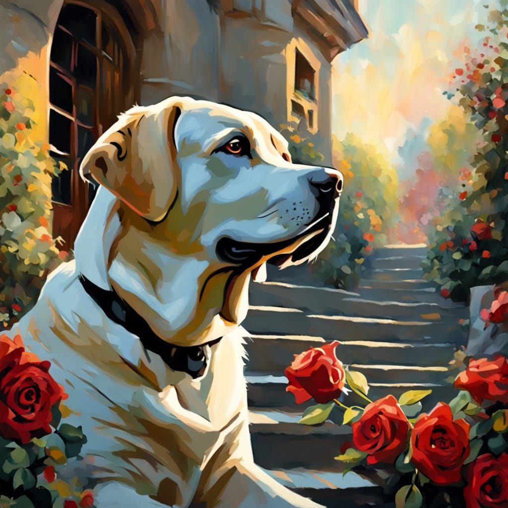 Labrador with Rose: Ethereal Impressionist Gouache Painting