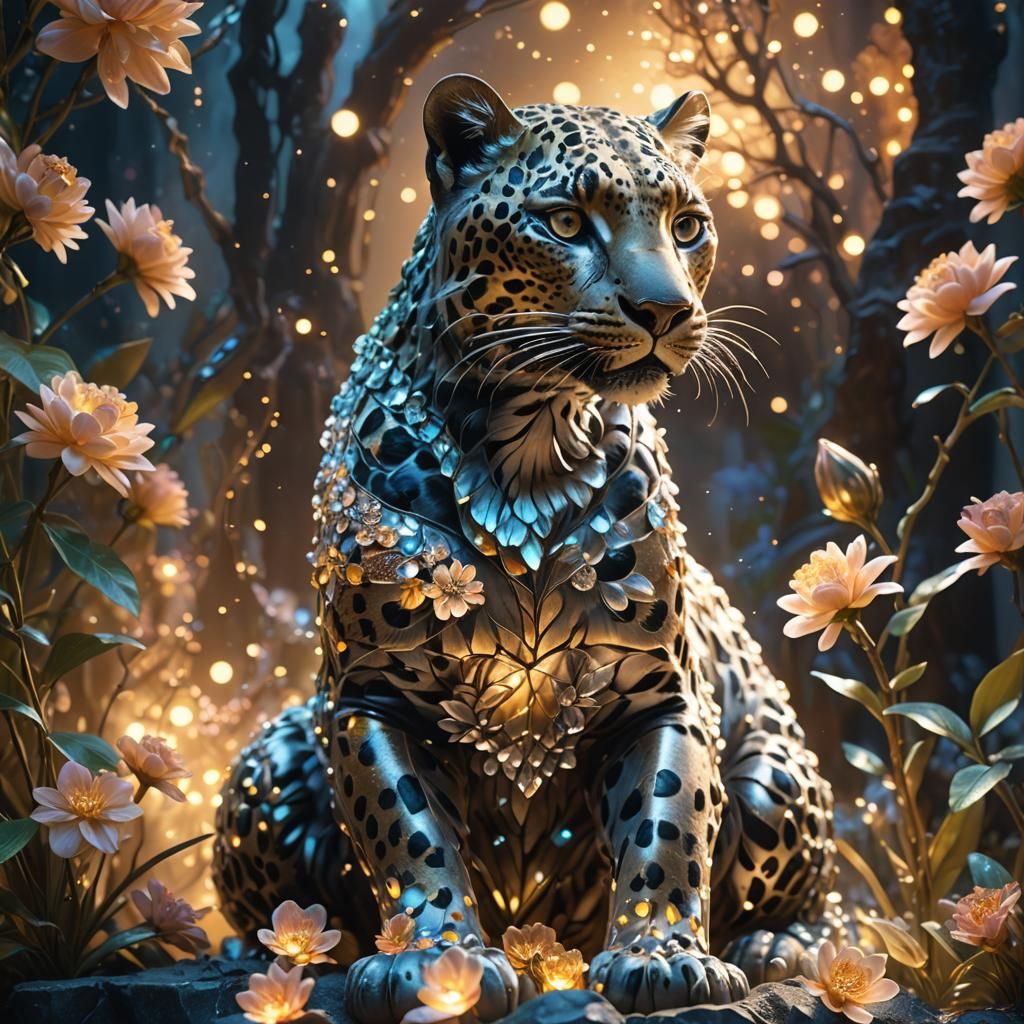 Glass Leopard Statue with Glowing Flowers