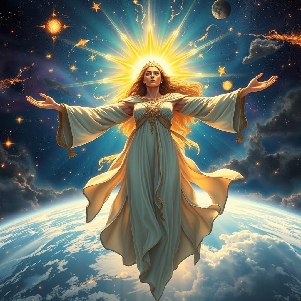 Divine Wisdom Figure Across Cosmic Expanse