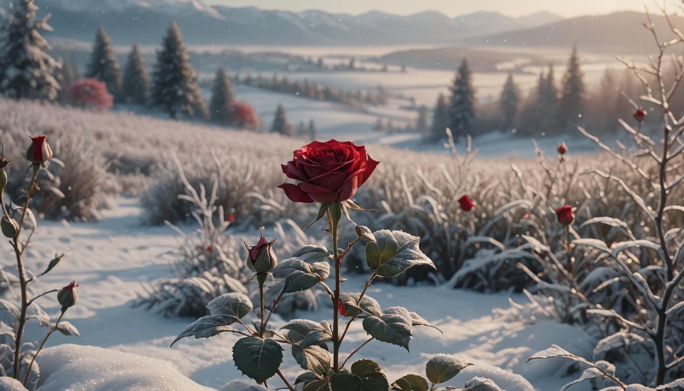 Red Rose in Snowy Landscape Fantasy Art