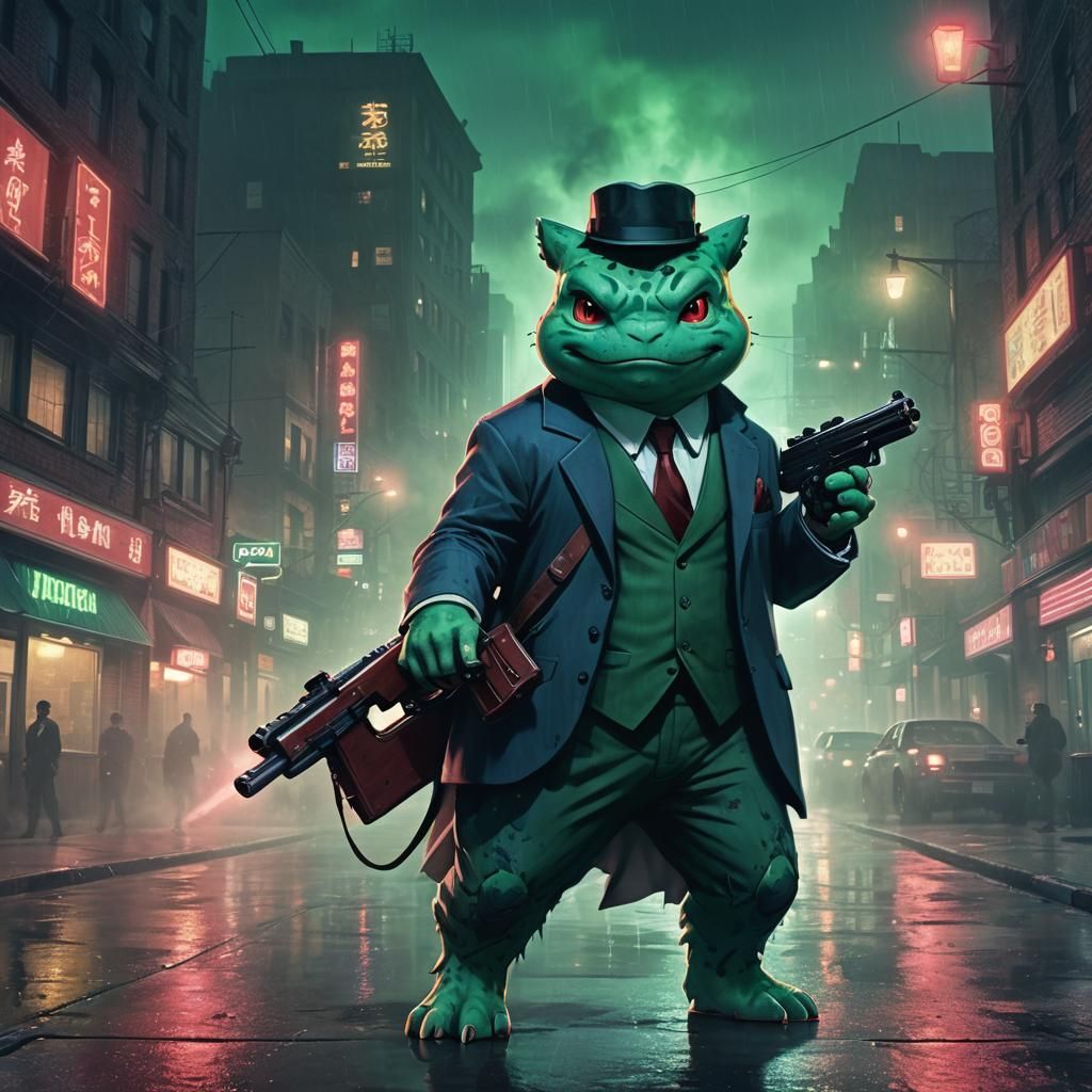 Gangster Bulbasaur in Foggy City, Digital Matte Painting