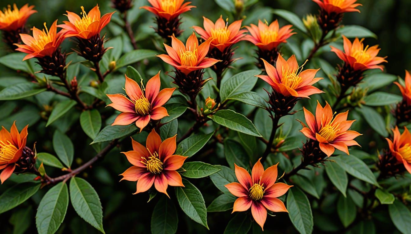Fiery Blossoms Erupt on Emberthorn in Dusk