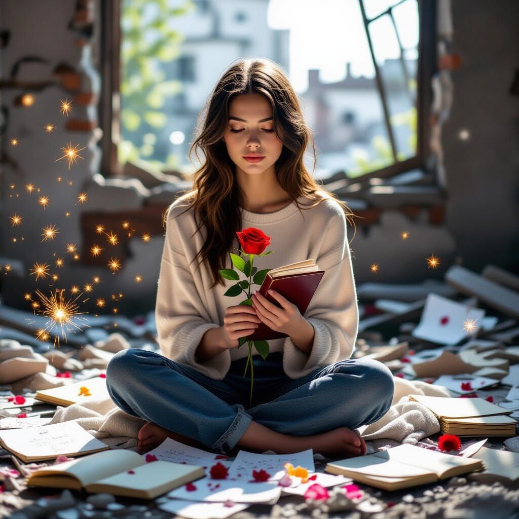 Hope in Ruins: Girl with Rose and Bible