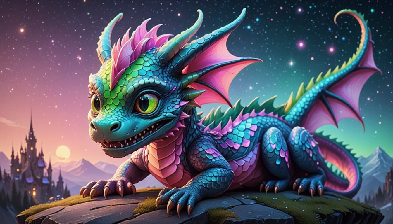 Whimsical Neon Dragon with Glittering Star Eyes