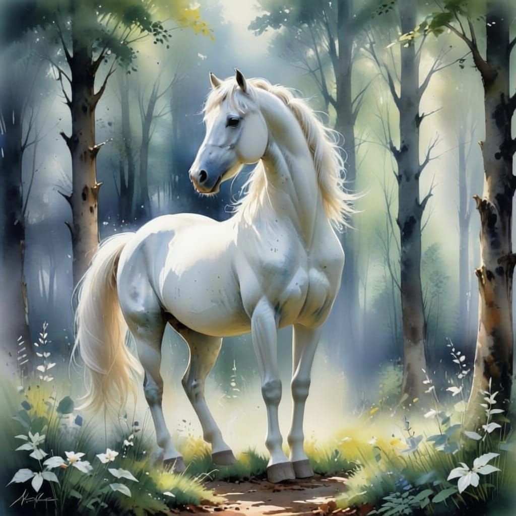 Majestic White Stallion in Forest Glade, Watercolour Style