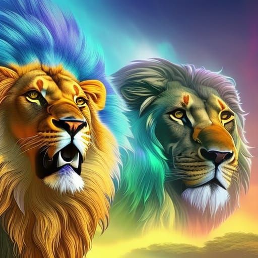Hyperreal Solar Lions in Vibrant Colors