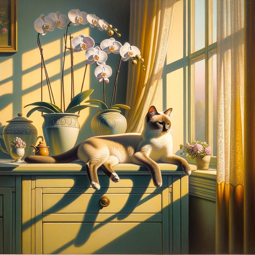 Siamese Cat Lounging Among Orchids in Soft Light