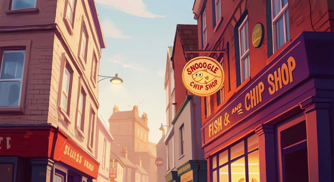 Snoogle Fish & Chip Shop Sign on Bustling High Street