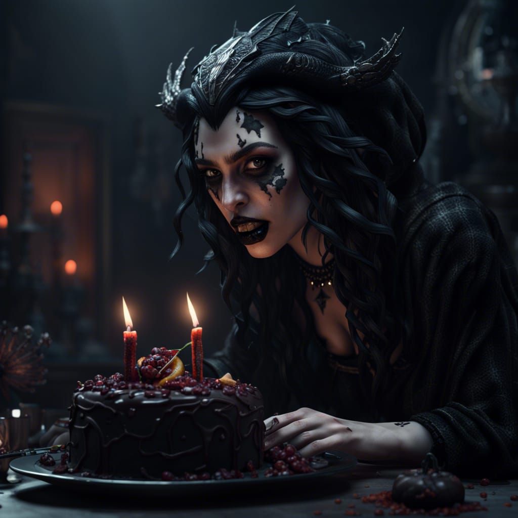 Gothic Witch and Cake: Hyperrealistic Fantasy Art