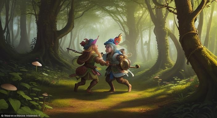 Gnomish Sword Fight in Mystical Forest Oil Painting