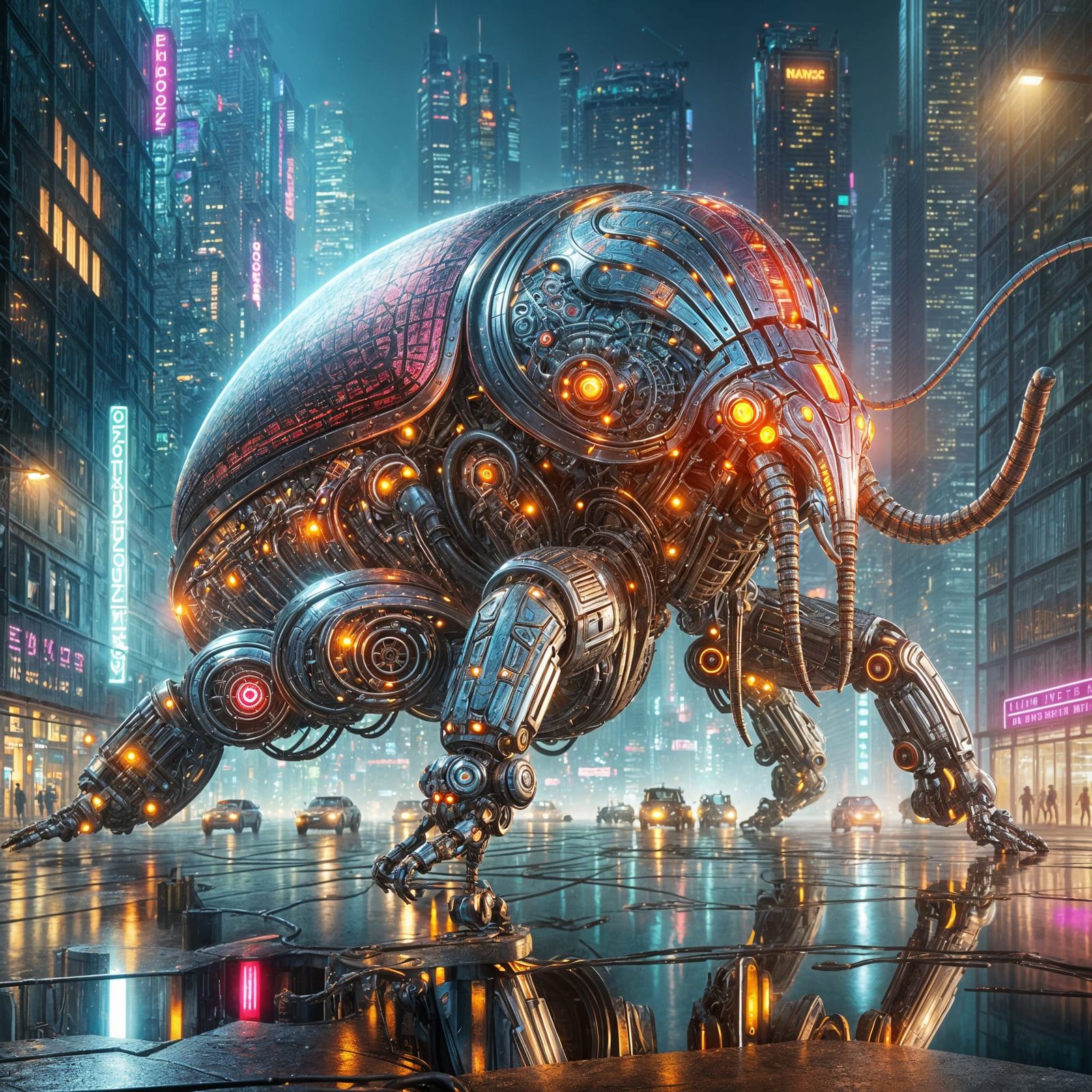 Cybernetic Elephant Beetle Hybrid Roams Futuristic Cityscape