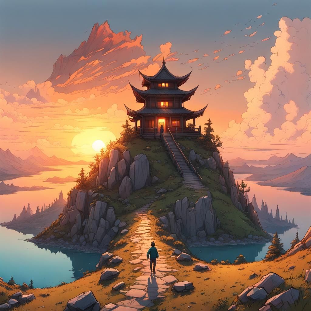 Sunset Temple on Mountain: Digital Illustration