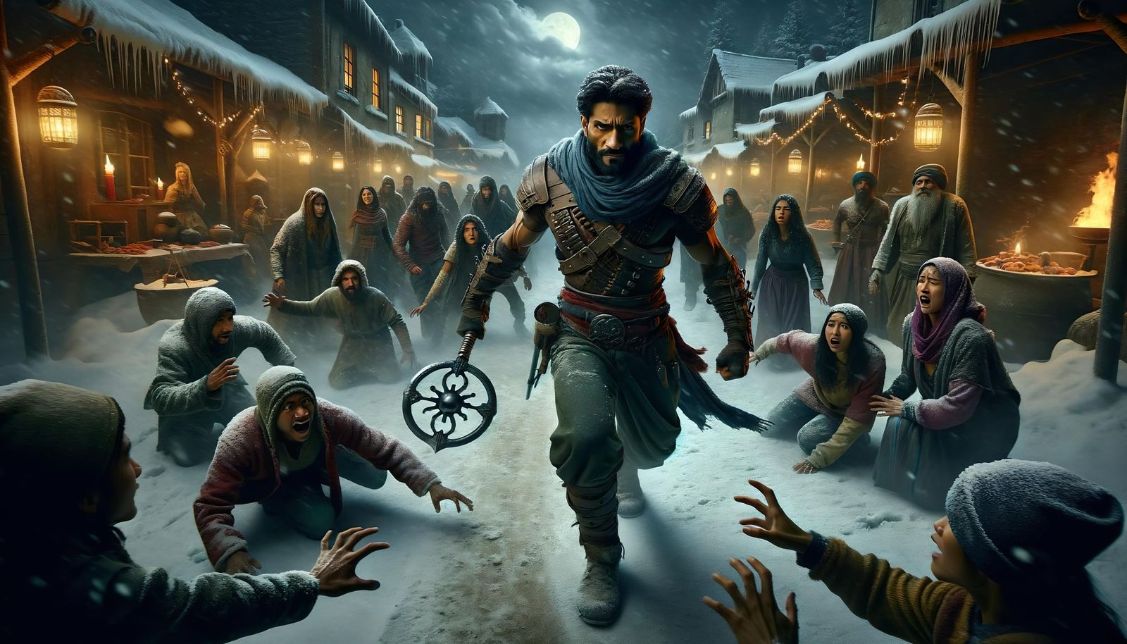 Heroic Savior Protecting Villagers in Snowy Village