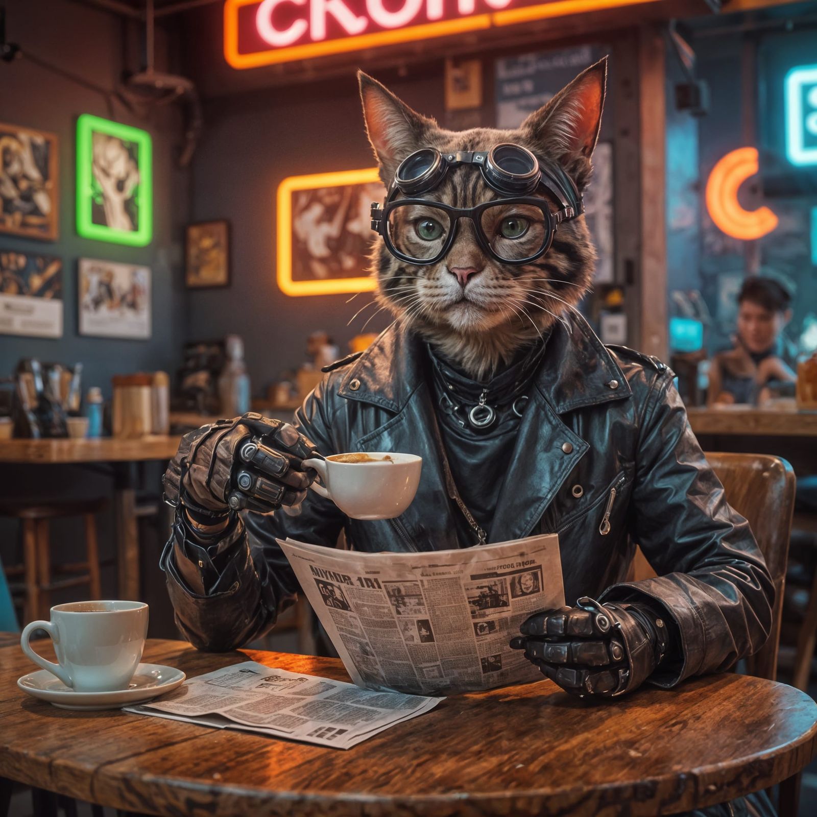 Cyberpunk Cat Drinks Coffee: Anime Style Digital Art