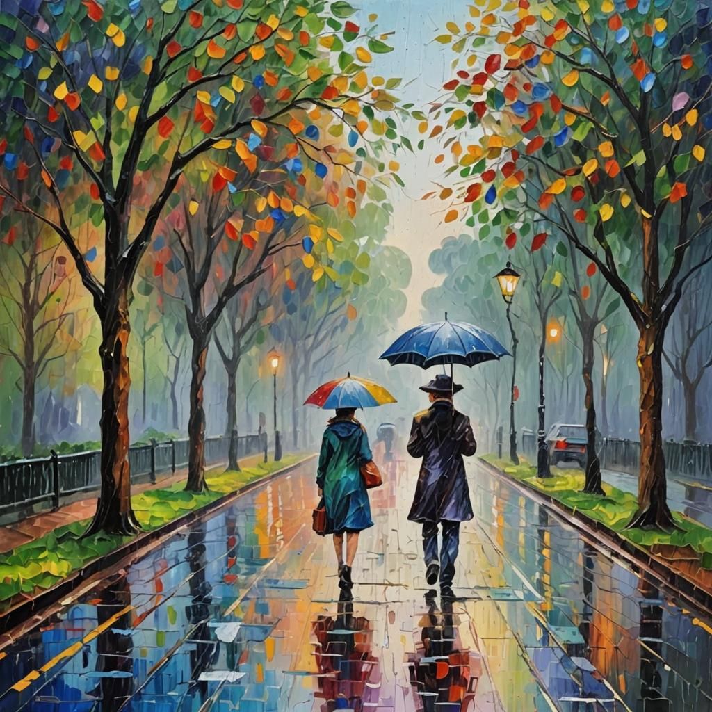 Expressionist Rain Painting with Impasto Texture