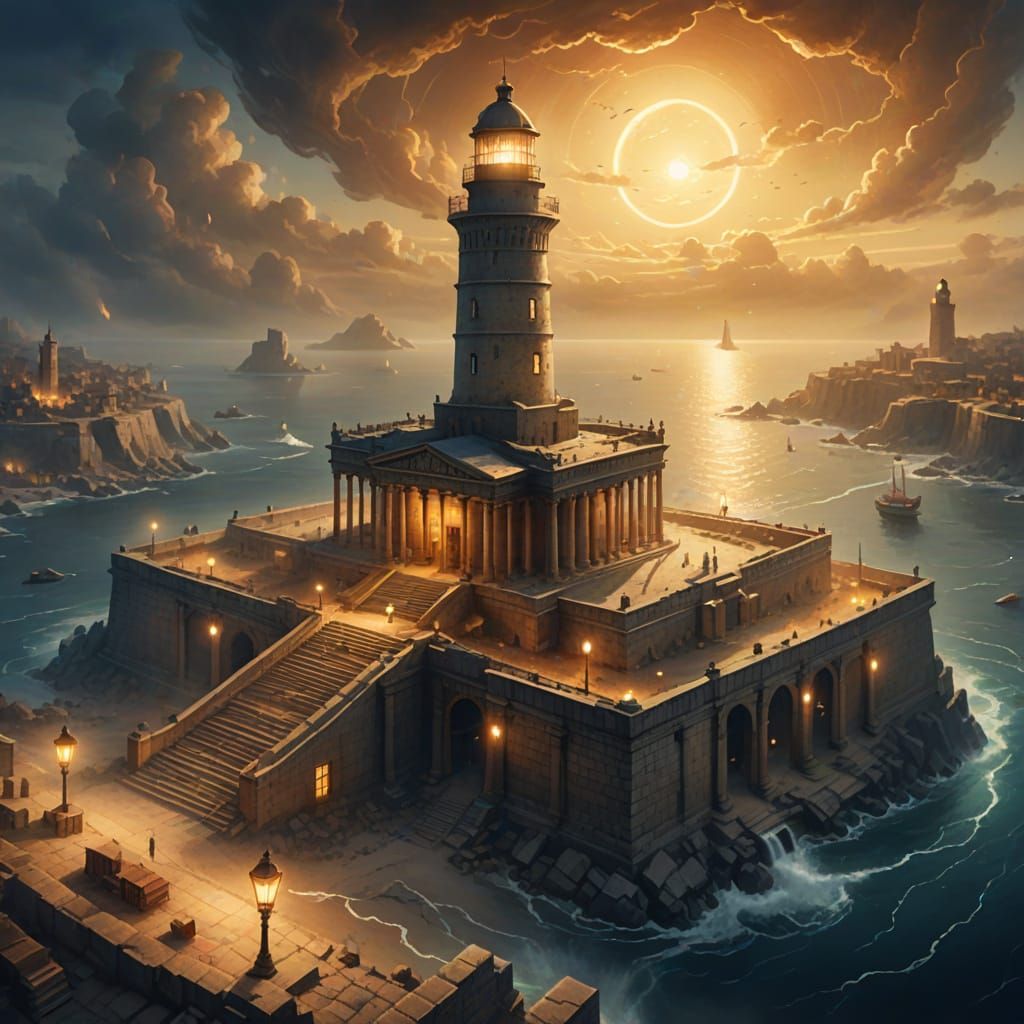 Alexandria's Ruined Library and Lighthouse in Watercolor