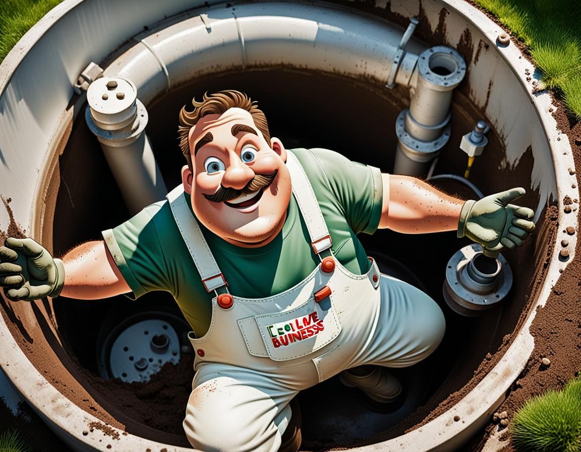 Cheerful Plumber Cleans Septic Tank on Sunny Day