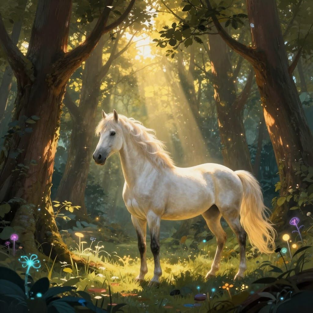Majestic Horse in Sun-Dappled Forest Clearing