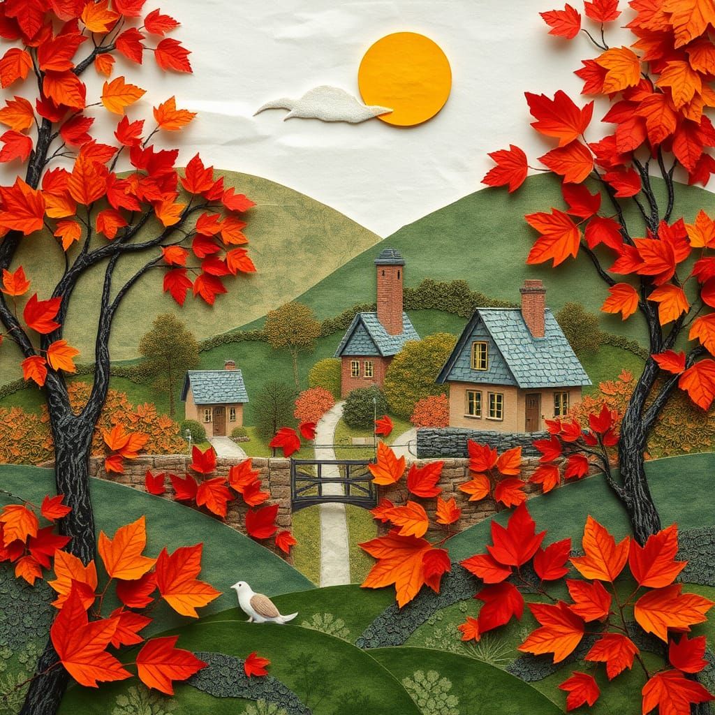 Autumn Village Paper Collage Landscape