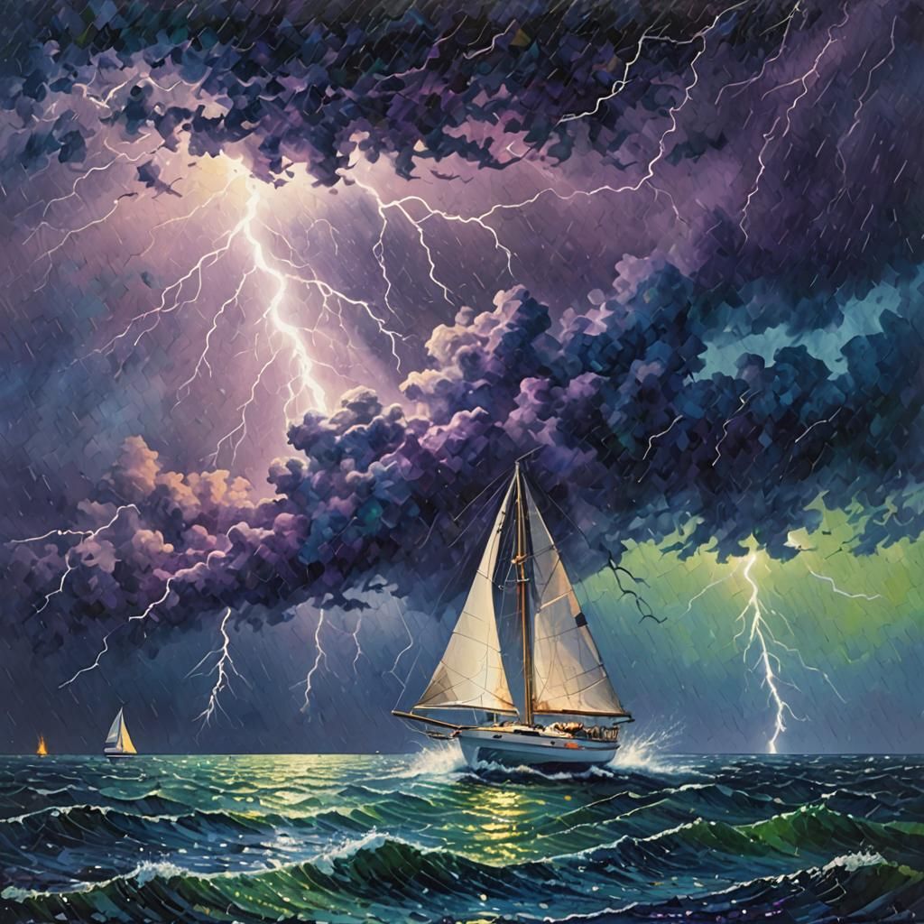 Sailboat Battles Lightning Storm in Pointillism Style
