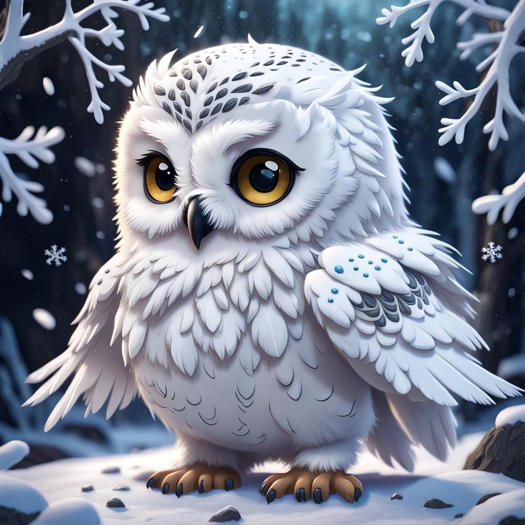 Chibi Snow Owl Playing in Snowflakes