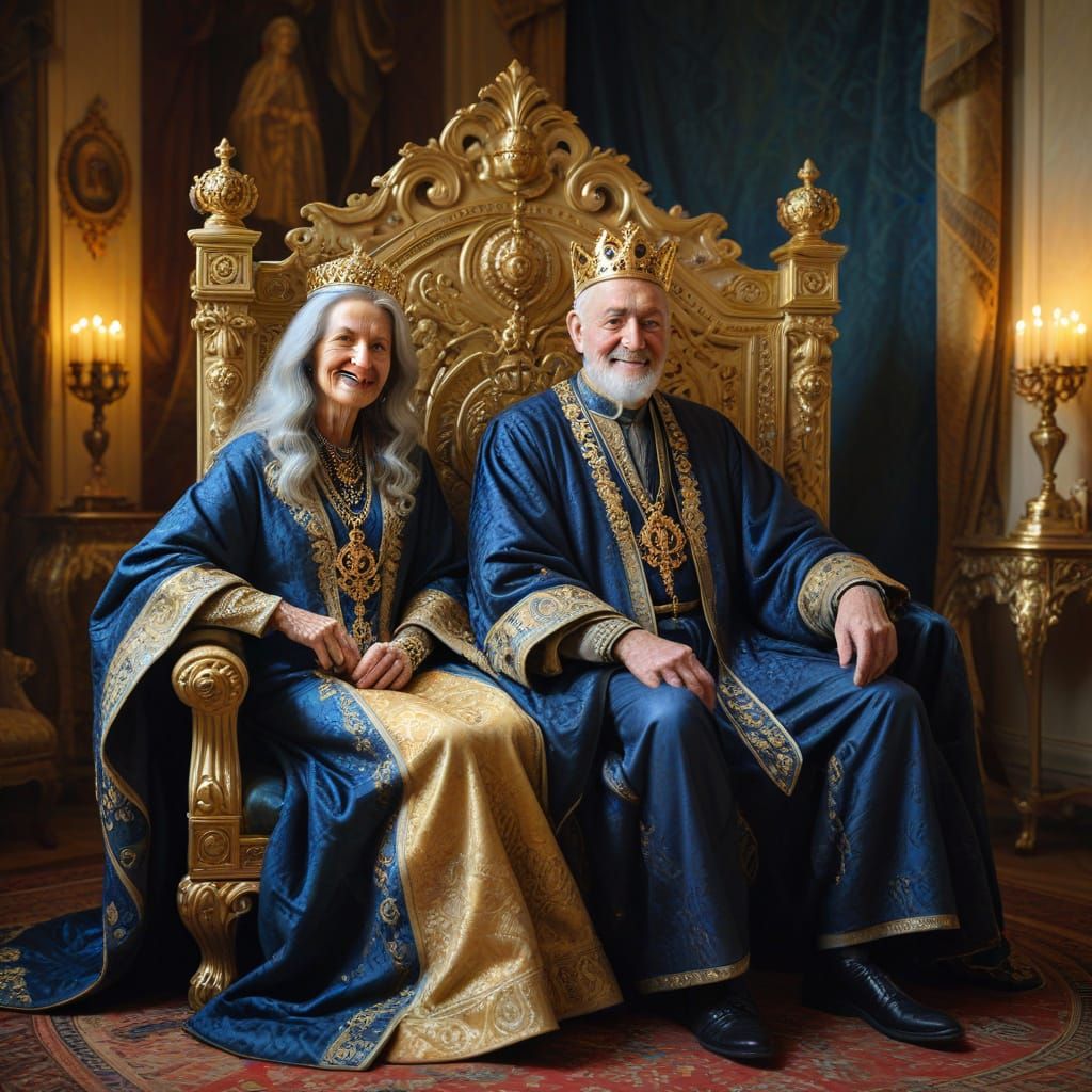 Elderly Royal Couple on Golden Thrones, Oil Painting