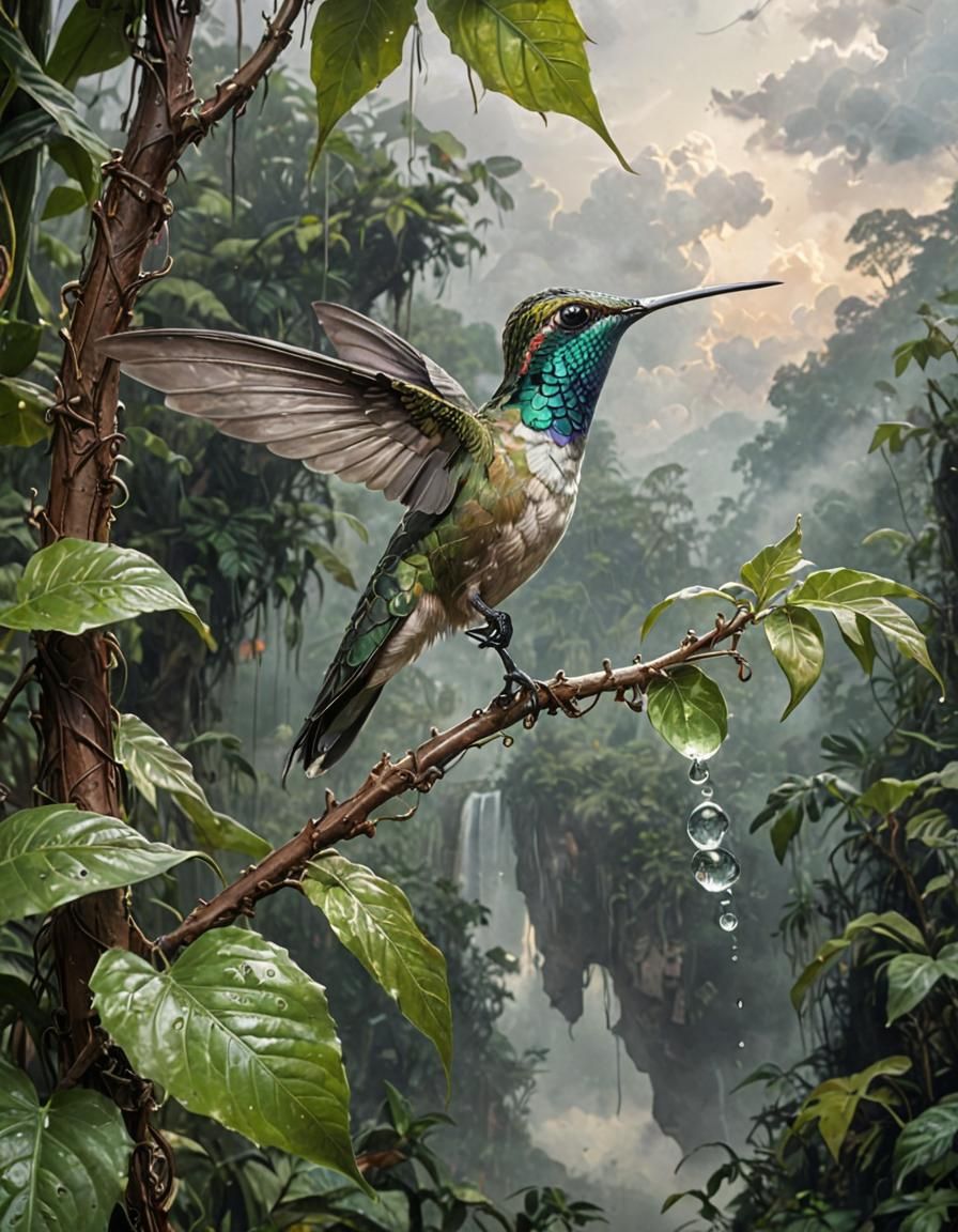 Hummingbird in Rainforest, Drawing in Wild West Style