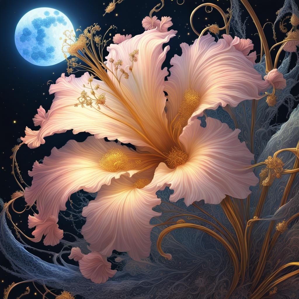 Intricate Fractal Hibiscus Bouquet in Moonlight