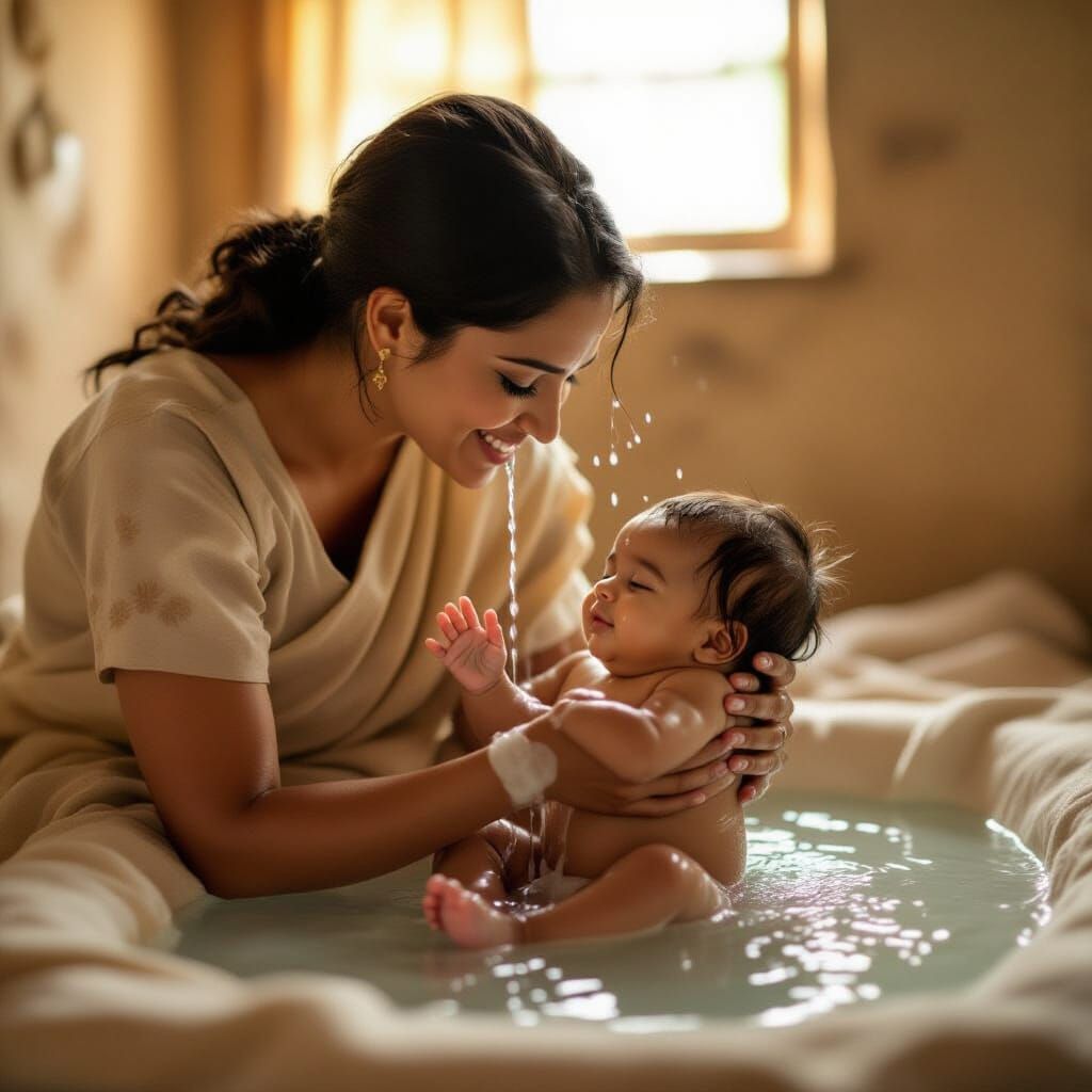 Tender Moment: Indian Caregiver Bathes Baby in Earth-Toned N...