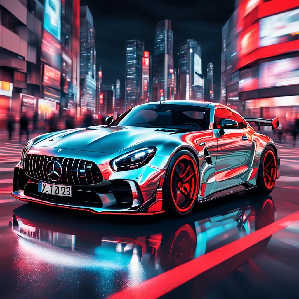Neon Mercedes GTR in Cityscape, Holographic Illustration