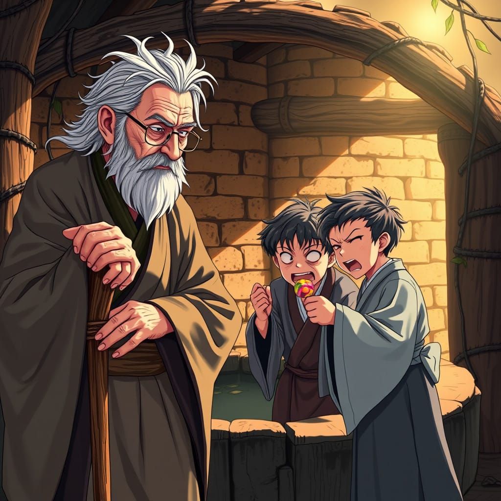 Elderly Man Observes Sons' Candy Dispute in Ancient Setting