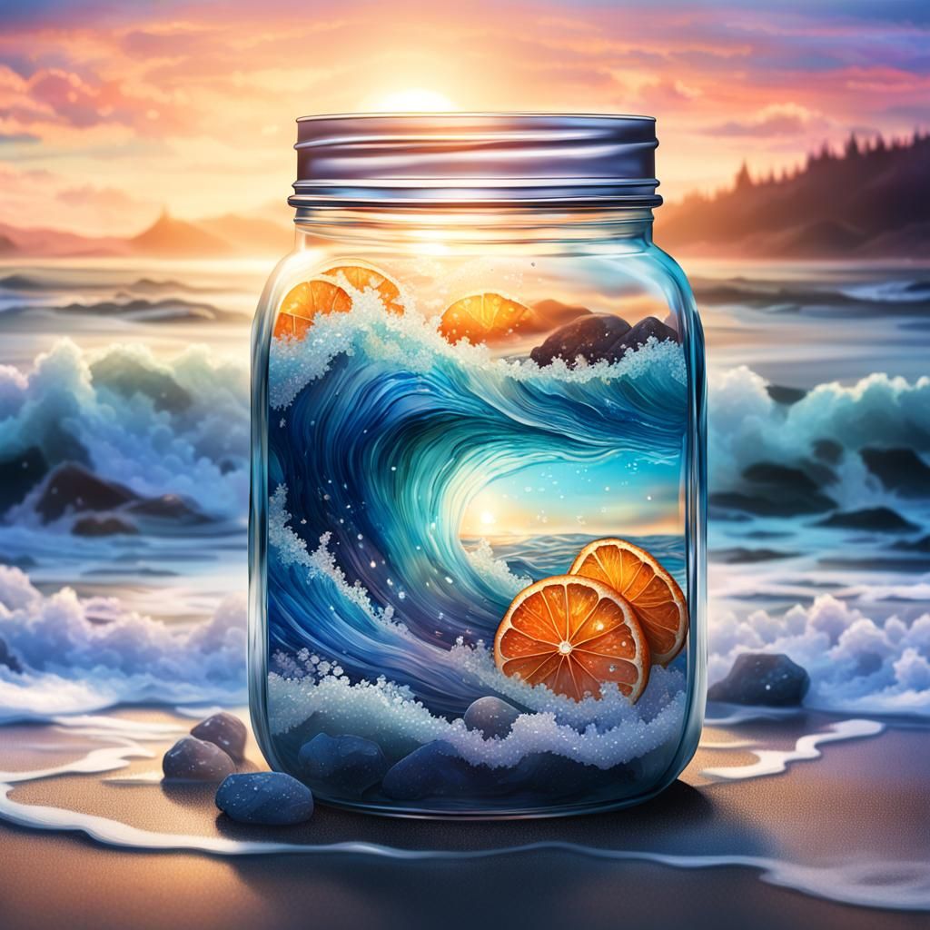 Ocean Waves Flowing into a Crystal Jar