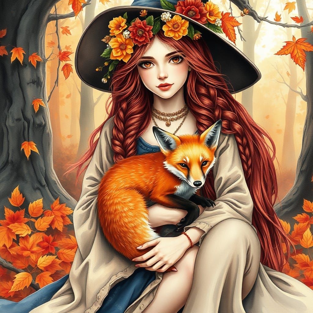Boho Witch in Autumn Forest - Watercolor Airbrush Art